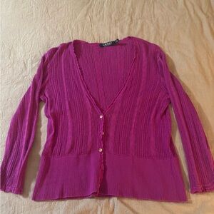 Lauren Ralph Lauren Fuchsia V-Neck Button Feminine Ribbed Petite Cardigan